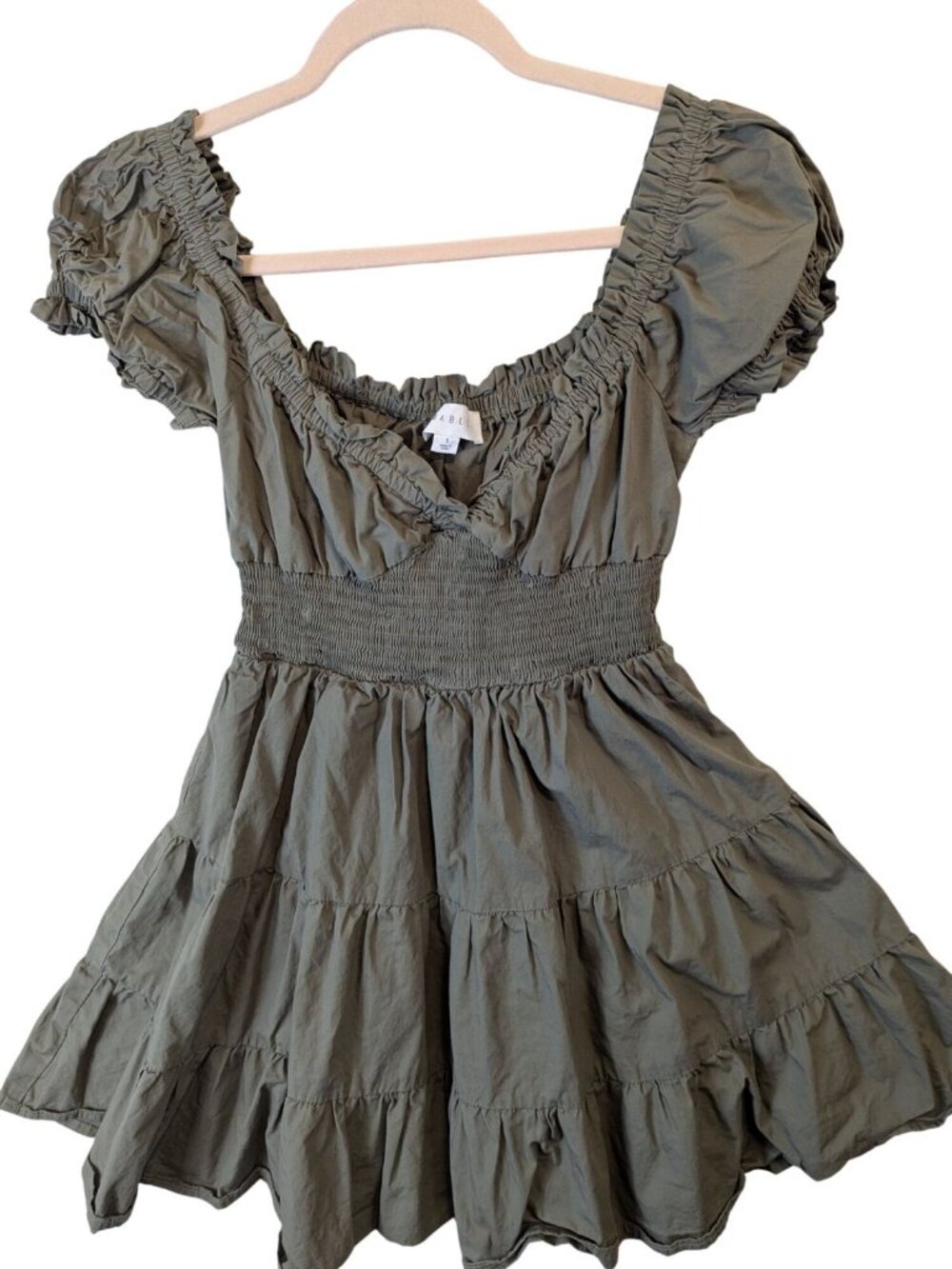 Mable Anthropologie Green Milkmaid Mini Dress Smocked Waist Puff Sleeve S Boho
